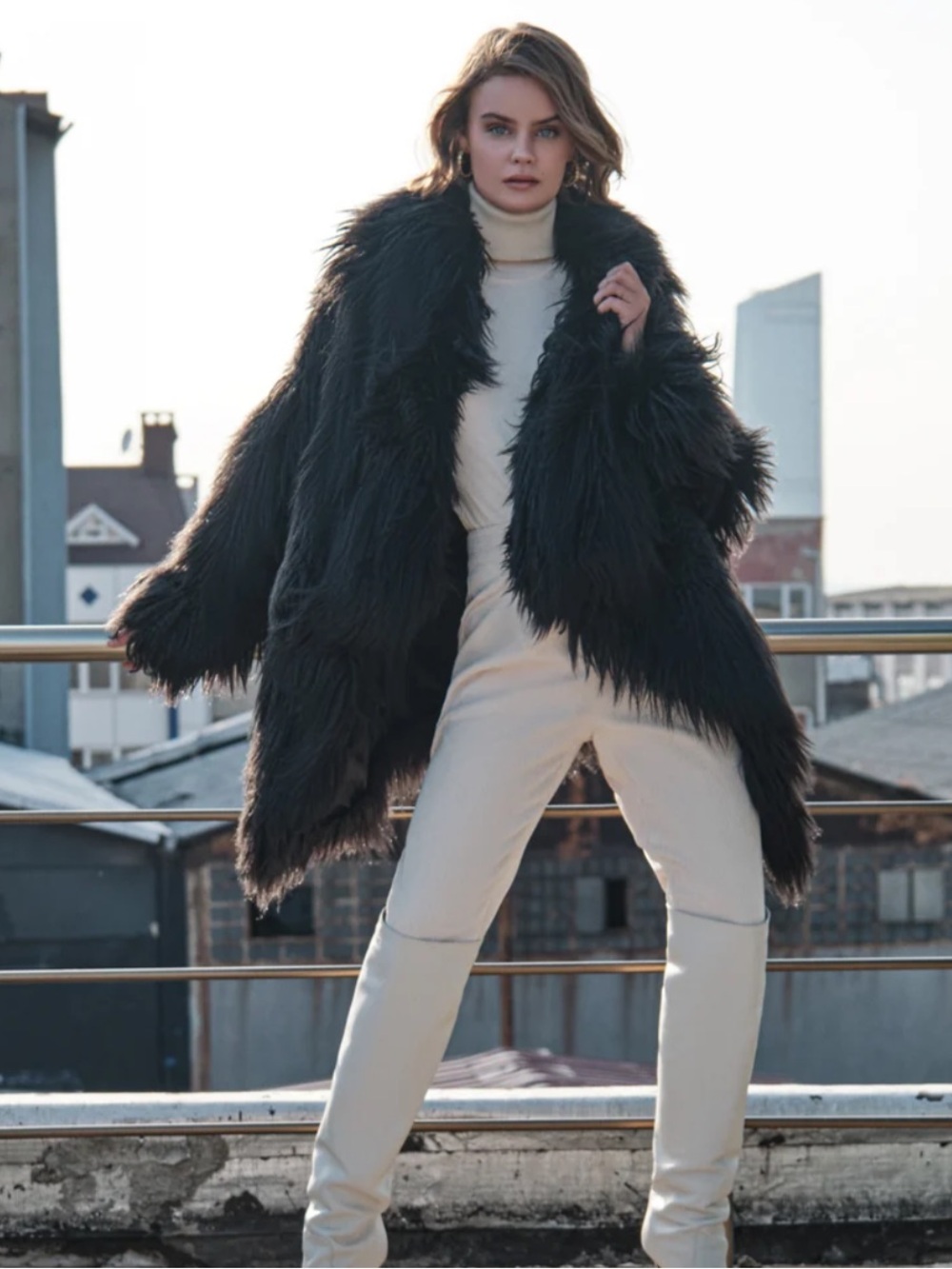 NONAT Curly Shag Vegan Coat in Black